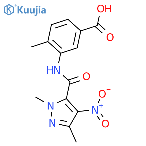 <br>3-[({4-nitro-1,3-dimethyl-1H-pyrazol-5-yl}carbonyl)amino]-4-methylbenzoic a cid structure