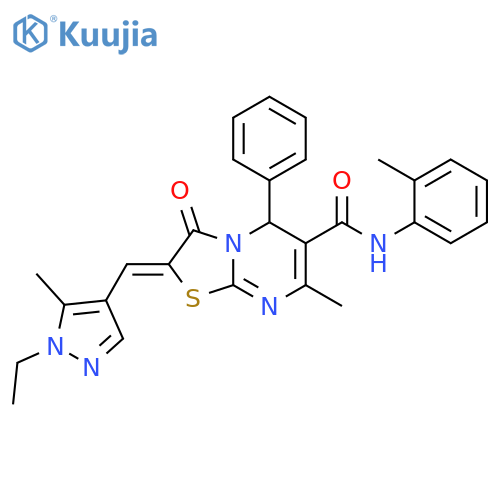 (2E)-2-(1-ethyl-5-methyl-1H-pyrazol-4-yl)methylidene-7-methyl-N-(2-methylphenyl)-3-oxo-5-phenyl-2H,3H,5H-1,3thiazolo3,2-apyrimidine-6-carboxamide structure