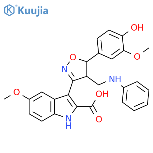 1H-Indole-2-carboxylic acid,3-[4,5-dihydro-5-(4-hydroxy-3-methoxyphenyl)-4-[(phenylamino)methyl]-3-isoxazolyl]-5-methoxy- structure