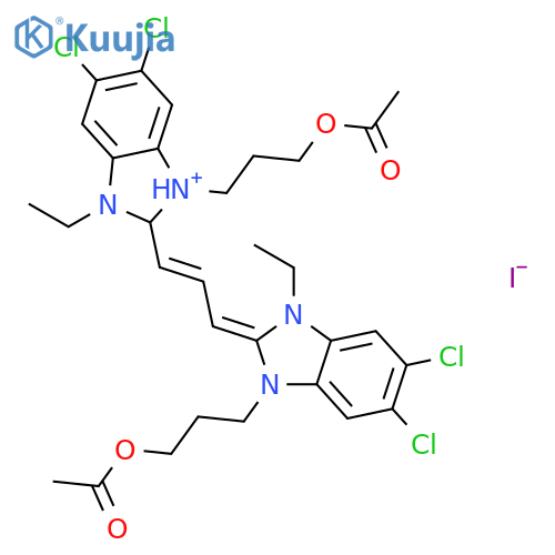 1H-Benzimidazolium,3-[3-(acetyloxy)propyl]-2-[3-[1-[3-(acetyloxy)propyl]-5,6-dichloro-3-ethyl-1,3-dihydro-2H-benzimidazol-2-ylidene]-1-propen-1-yl]-5,6-dichloro-1-ethyl-,iodide (1:1) structure