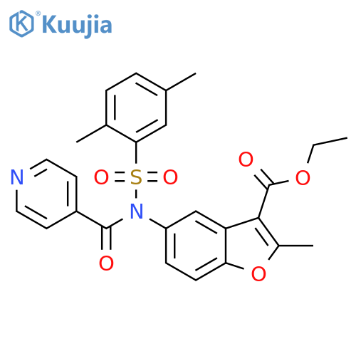 ethyl 5-N-(2,5-dimethylbenzenesulfonyl)pyridine-4-amido-2-methyl-1-benzofuran-3-carboxylate structure