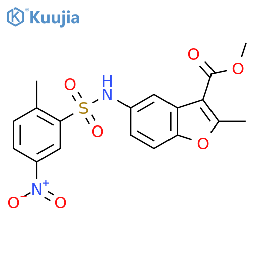 methyl 2-methyl-5-(2-methyl-5-nitrobenzenesulfonamido)-1-benzofuran-3-carboxylate structure