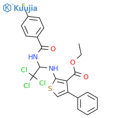 <br>Ethyl 4-phenyl-2-((2,2,2-trichloro-1-(4-fluorobenzamido)ethyl)amino)thiophe ne-3-carboxylate structure