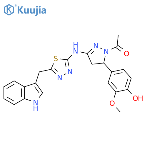 1H-Pyrazol-3-amine,1-acetyl-4,5-dihydro-5-(4-hydroxy-3-methoxyphenyl)-N-[5-(1H-indol-3-ylmethyl)-1,3,4-thiadiazol-2-yl]- structure