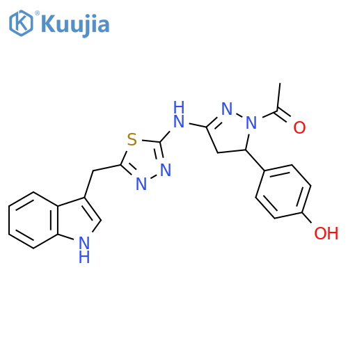 1H-Pyrazol-3-amine,1-acetyl-4,5-dihydro-5-(4-hydroxyphenyl)-N-[5-(1H-indol-3-ylmethyl)-1,3,4-thiadiazol-2-yl]- structure