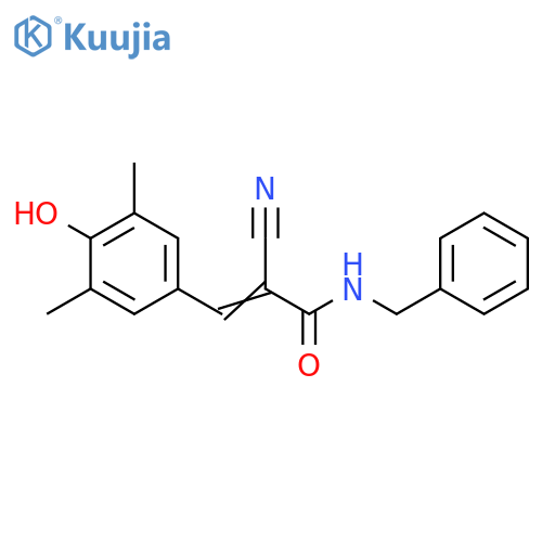 N-benzyl-2-cyano-3-(4-hydroxy-3,5-dimethylphenyl)prop-2-enamide structure