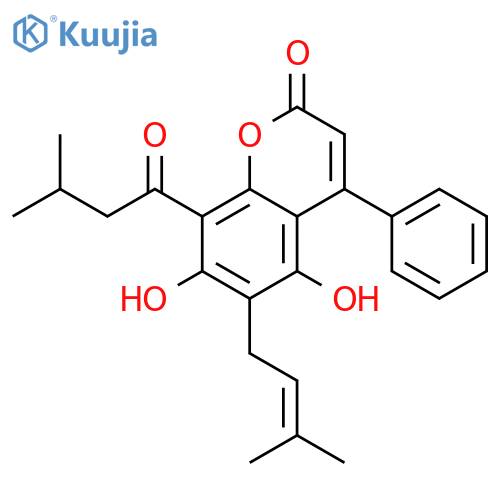 5,7-dihydroxy-8-(3-methylbutanoyl)-6-(3-methylbut-2-en-1-yl)-4-phenyl-2H-chromen-2-one structure