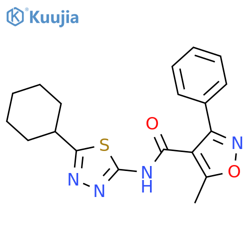 <br>N-(5-cyclohexyl-1,3,4-thiadiazol-2-yl)-5-methyl-3-phenyl-1,2-oxazole-4-carb oxamide structure