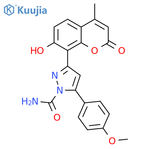 1H-Pyrazole-1-carboxamide,3-(7-hydroxy-4-methyl-2-oxo-2H-1-benzopyran-8-yl)-5-(4-methoxyphenyl)- structure