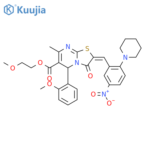2-methoxyethyl 5-(2-methoxyphenyl)-7-methyl-2-[(5-nitro-2-piperidin-1-ylphenyl)methylidene]-3-oxo-5h-[1,3]thiazolo[3,2-a]pyrimidine-6-carboxylate structure