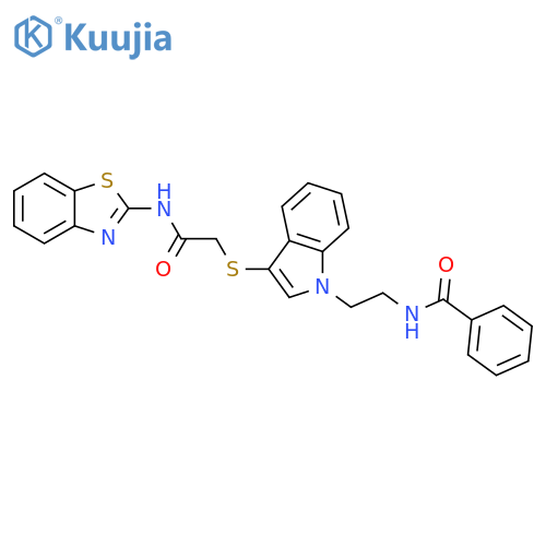 N-{2-3-({(1,3-benzothiazol-2-yl)carbamoylmethyl}sulfanyl)-1H-indol-1-ylethyl}benzamide structure