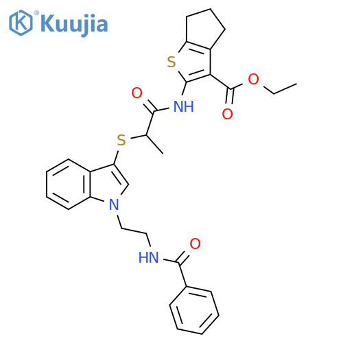 ethyl 2-2-({1-2-(phenylformamido)ethyl-1H-indol-3-yl}sulfanyl)propanamido-4H,5H,6H-cyclopentabthiophene-3-carboxylate structure
