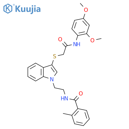 N-{2-3-({(2,4-dimethoxyphenyl)carbamoylmethyl}sulfanyl)-1H-indol-1-ylethyl}-2-methylbenzamide structure