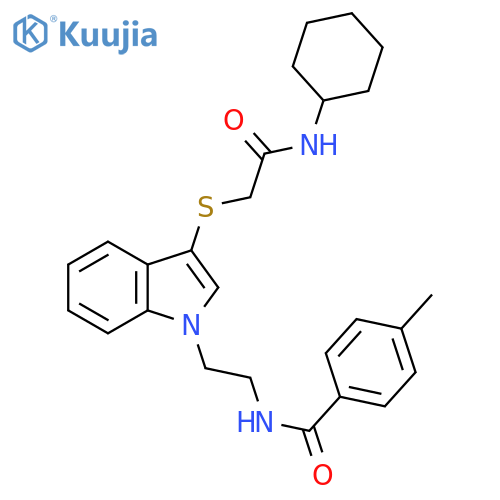 N-[2-(3-{[(cyclohexylcarbamoyl)methyl]sulfanyl}-1H-indol-1-yl)ethyl]-4-methylbenzamide structure