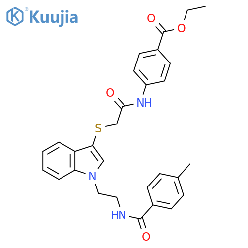 ethyl 4-{2-(1-{2-(4-methylphenyl)formamidoethyl}-1H-indol-3-yl)sulfanylacetamido}benzoate structure