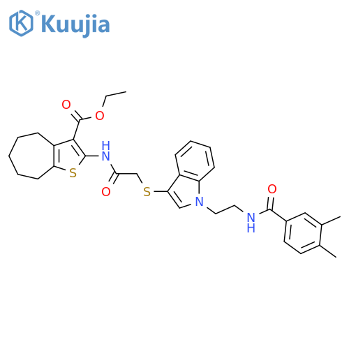 ethyl 2-{2-[(1-{2-[(3,4-dimethylphenyl)formamido]ethyl}-1H-indol-3-yl)sulfanyl]acetamido}-4H,5H,6H,7H,8H-cyclohepta[b]thiophene-3-carboxylate structure