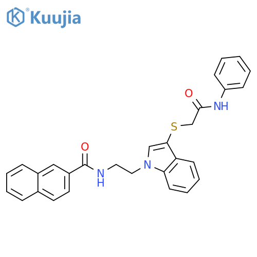N-[2-(3-{[(phenylcarbamoyl)methyl]sulfanyl}-1H-indol-1-yl)ethyl]naphthalene-2-carboxamide structure