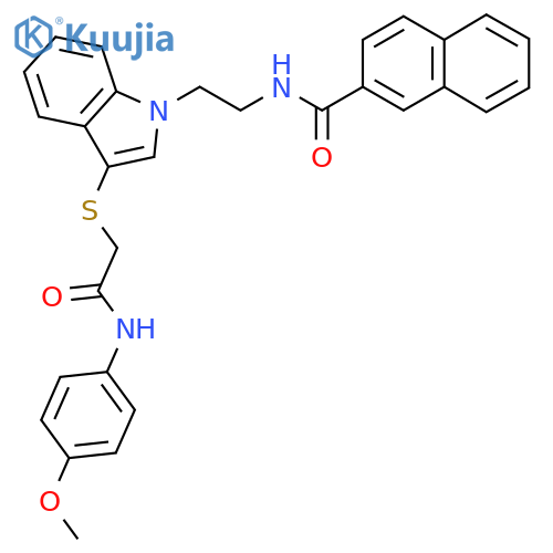 N-{2-3-({(4-methoxyphenyl)carbamoylmethyl}sulfanyl)-1H-indol-1-ylethyl}naphthalene-2-carboxamide structure
