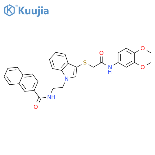 N-{2-3-({(2,3-dihydro-1,4-benzodioxin-6-yl)carbamoylmethyl}sulfanyl)-1H-indol-1-ylethyl}naphthalene-2-carboxamide structure