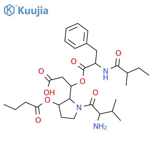 L-Phenylalanine, N-(2-methyl-1-oxobutyl)-, 1-[1-(2-amino-3-methyl-1-oxobutyl)-3-(1-oxobutoxy)-2-pyrrolidinyl]-2-carboxyethyl ester (9CI) structure