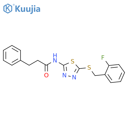 N-(5-{(2-fluorophenyl)methylsulfanyl}-1,3,4-thiadiazol-2-yl)-3-phenylpropanamide structure