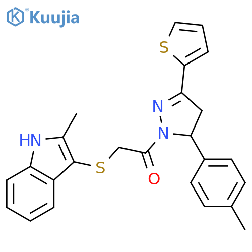 2-(2-methyl-1H-indol-3-yl)sulfanyl-1-5-(4-methylphenyl)-3-(thiophen-2-yl)-4,5-dihydro-1H-pyrazol-1-ylethan-1-one structure