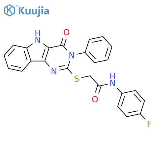 N-(4-fluorophenyl)-2-({4-oxo-3-phenyl-3H,4H,5H-pyrimido[5,4-b]indol-2-yl}sulfanyl)acetamide structure