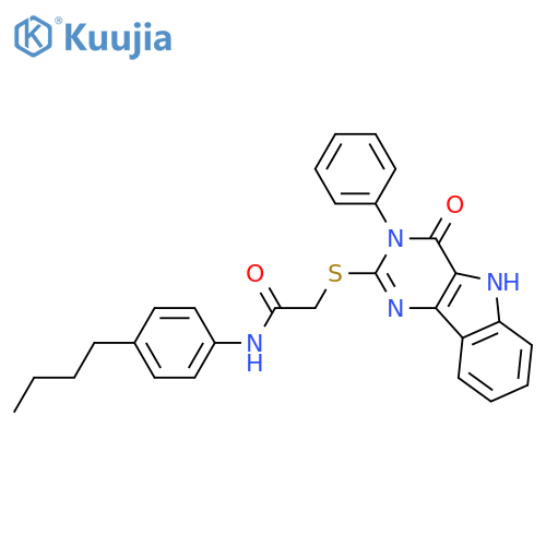 N-(4-butylphenyl)-2-({4-oxo-3-phenyl-3H,4H,5H-pyrimido5,4-bindol-2-yl}sulfanyl)acetamide structure