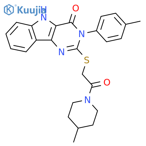 3-(4-methylphenyl)-2-{2-(4-methylpiperidin-1-yl)-2-oxoethylsulfanyl}-3H,4H,5H-pyrimido5,4-bindol-4-one structure
