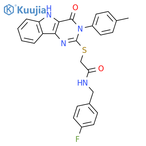 N-(4-fluorophenyl)methyl-2-{3-(4-methylphenyl)-4-oxo-3H,4H,5H-pyrimido5,4-bindol-2-ylsulfanyl}acetamide structure