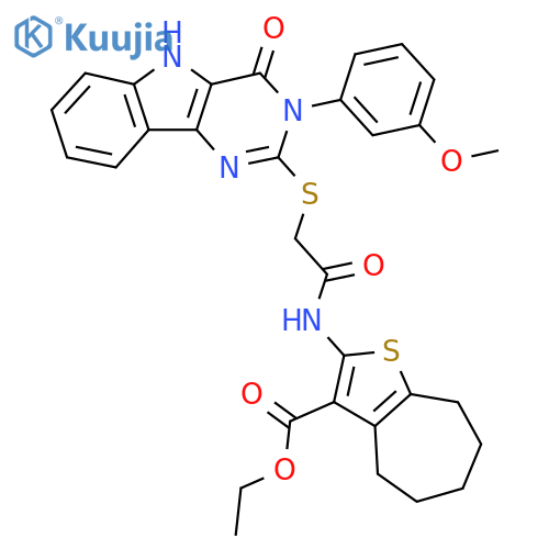 ethyl 2-(2-{3-(3-methoxyphenyl)-4-oxo-3H,4H,5H-pyrimido5,4-bindol-2-ylsulfanyl}acetamido)-4H,5H,6H,7H,8H-cycloheptabthiophene-3-carboxylate structure