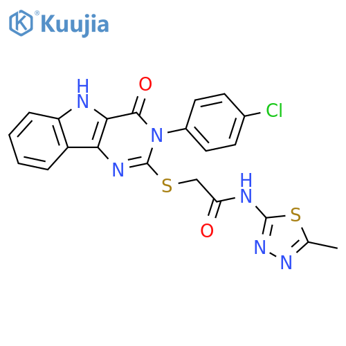 2-{3-(4-chlorophenyl)-4-oxo-3H,4H,5H-pyrimido5,4-bindol-2-ylsulfanyl}-N-(5-methyl-1,3,4-thiadiazol-2-yl)acetamide structure