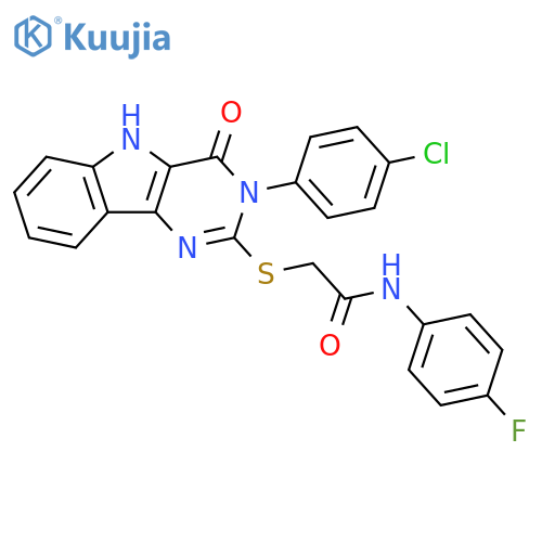 2-{3-(4-chlorophenyl)-4-oxo-3H,4H,5H-pyrimido5,4-bindol-2-ylsulfanyl}-N-(4-fluorophenyl)acetamide structure