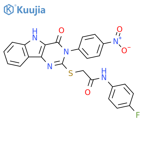 N-(4-fluorophenyl)-2-{3-(4-nitrophenyl)-4-oxo-3H,4H,5H-pyrimido5,4-bindol-2-ylsulfanyl}acetamide structure
