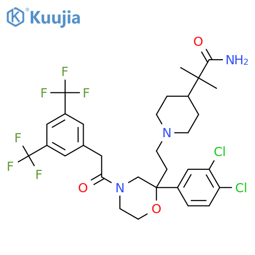 1-[2-[(2R)-4-[2-[3,5-Bis(trifluoromethyl)phenyl]acetyl]-2-(3,4-dichlorophenyl)-2-morpholinyl]ethyl]-alpha,alpha-dimethyl-4-piperidineacetamide structure