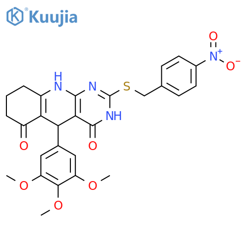 2-{(4-nitrophenyl)methylsulfanyl}-5-(3,4,5-trimethoxyphenyl)-3H,4H,5H,6H,7H,8H,9H,10H-pyrimido4,5-bquinoline-4,6-dione structure
