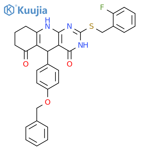 5-4-(benzyloxy)phenyl-2-{(2-fluorophenyl)methylsulfanyl}-3H,4H,5H,6H,7H,8H,9H,10H-pyrimido4,5-bquinoline-4,6-dione structure