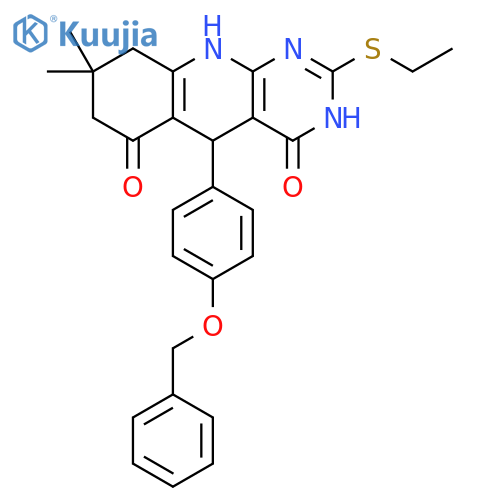 5-4-(benzyloxy)phenyl-2-(ethylsulfanyl)-8,8-dimethyl-3H,4H,5H,6H,7H,8H,9H,10H-pyrimido4,5-bquinoline-4,6-dione structure