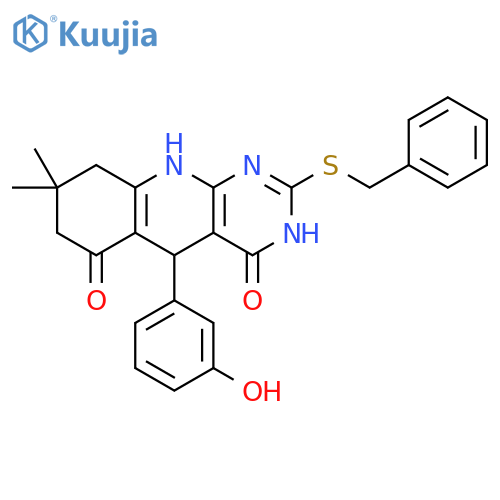 2-(benzylsulfanyl)-5-(3-hydroxyphenyl)-8,8-dimethyl-3H,4H,5H,6H,7H,8H,9H,10H-pyrimido4,5-bquinoline-4,6-dione structure