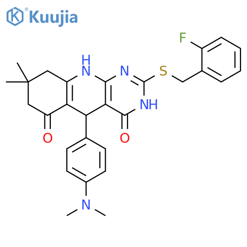 5-4-(dimethylamino)phenyl-2-{(2-fluorophenyl)methylsulfanyl}-8,8-dimethyl-3H,4H,5H,6H,7H,8H,9H,10H-pyrimido4,5-bquinoline-4,6-dione structure