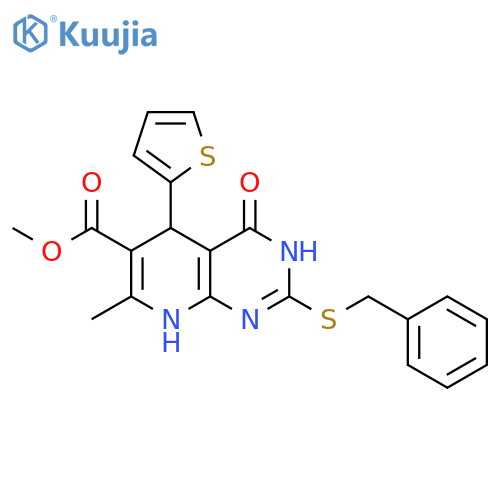 methyl 2-(benzylsulfanyl)-7-methyl-4-oxo-5-(thiophen-2-yl)-3H,4H,5H,8H-pyrido2,3-dpyrimidine-6-carboxylate structure