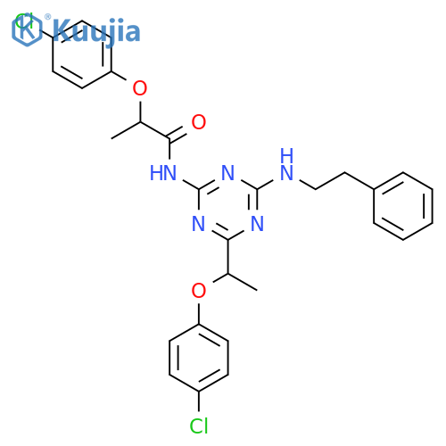 2-(4-chlorophenoxy)-N-{4-[1-(4-chlorophenoxy)ethyl]-6-[(2-phenylethyl)amino]-1,3,5-triazin-2-yl}propanamide structure