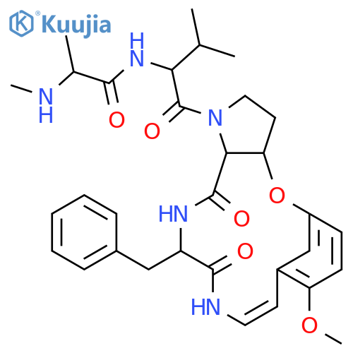 Propanamide,2-(methylamino)-N-[2-methyl-1-[[3,3a,12,13,14,15,16,16a-octahydro-8-methoxy-13,16-dioxo-14-(phenylmethyl)-5,9-metheno-9H-pyrrolo[3,2-b][1,5,8]oxadiazacyclopentadecin-1(2H)-yl]carbonyl]propyl]-(9CI) structure