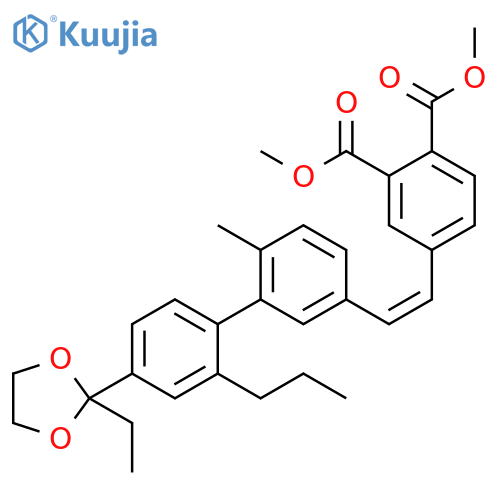 1,2-Benzenedicarboxylic acid,4-[(1Z)-2-[4'-(2-ethyl-1,3-dioxolan-2-yl)-6-methyl-2'-propyl[1,1'-biphenyl]-3-yl]ethenyl]-, dimethyl ester structure