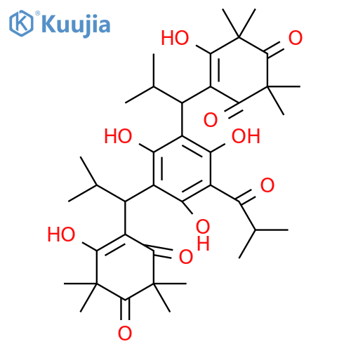 5-Hydroxy-2,2,6,6-tetramethyl-4-[2-methyl-1-[2,4,6-trihydroxy-3-[1-(2-hydroxy-3,3,5,5-tetramethyl-4,6-dioxocyclohexen-1-yl)-2-methylpropyl]-5-(2-methylpropanoyl)phenyl]propyl]cyclohex-4-ene-1,3-dione structure