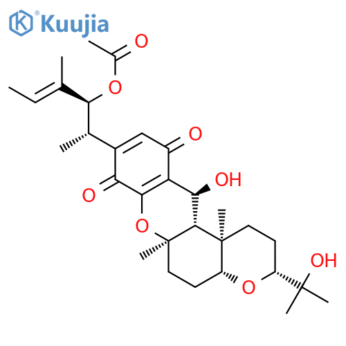 Pyrano[3,2-a]xanthene-8,11-dione,9-[(1S,2S,3E)-2-(acetyloxy)-1,3-dimethyl-3-pentenyl]-1,2,3,4a,5,6,6a,12,12a,12b-decahydro-12-hydroxy-3-(1-hydroxy-1-methylethyl)-6a,12b-dimethyl-,(3R,4aR,6aR,12S,12aS,12bR)- (9CI) structure