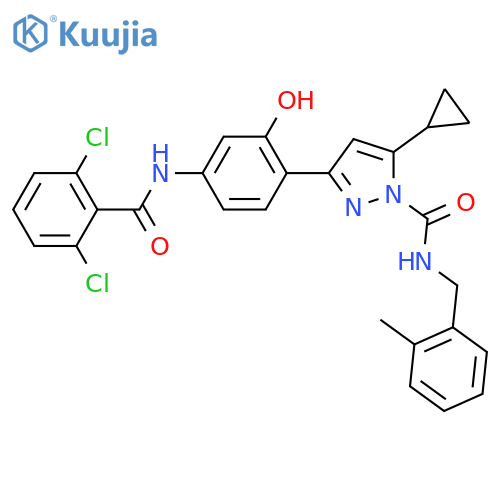 1H-Pyrazole-1-carboxamide,5-cyclopropyl-3-[4-[(2,6-dichlorobenzoyl)amino]-2-hydroxyphenyl]-N-[(2-methylphenyl)methyl]- structure