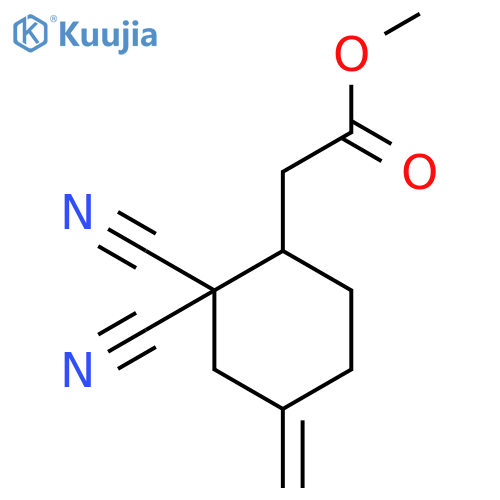 Cyclohexaneacetic acid, 2,2-dicyano-4-methylene-, methyl ester structure