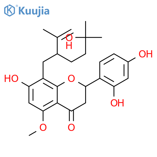 2-(2,4-dihydroxy-phenyl)-7-hydroxy-8-[2-(3-hydroxy-3-methyl-butyl)-3-methyl-but-3-enyl]-5-methoxy-chroman-4-one structure