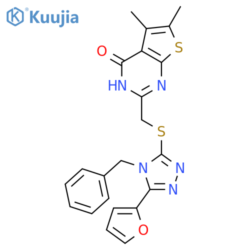 2-({[4-benzyl-5-(furan-2-yl)-4H-1,2,4-triazol-3-yl]sulfanyl}methyl)-5,6-dimethylthieno[2,3-d]pyrimidin-4(3H)-one structure